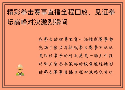 精彩拳击赛事直播全程回放，见证拳坛巅峰对决激烈瞬间