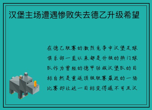 汉堡主场遭遇惨败失去德乙升级希望