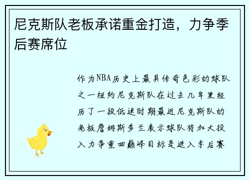 尼克斯队老板承诺重金打造，力争季后赛席位