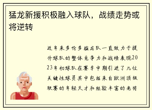 猛龙新援积极融入球队，战绩走势或将逆转
